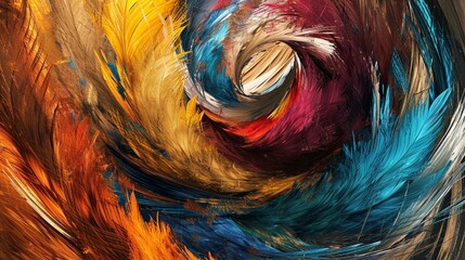 An abstract design where colorful feathers merge into a swirling brown wooden texture, symbolizing creativity and organic beauty, Artwork, abstract painting with mixed materials,