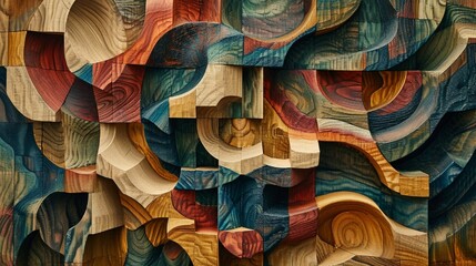: An abstract expression of wooden art, where each piece of wood is carved and painted to create a unique, colorful pattern. 8k