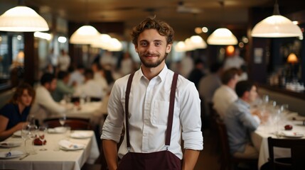 portrait of a smiling waiter in a busy restaurant - obrazy, fototapety, plakaty