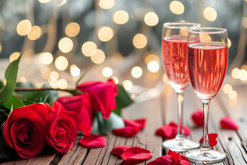 Valentine's Day romantic pair of glasses of pink champagne, red roses and gold Bokeh background