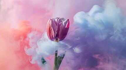  a pink and white tulip in smoke on a pink and blue background with a pink and white cloud behind it.