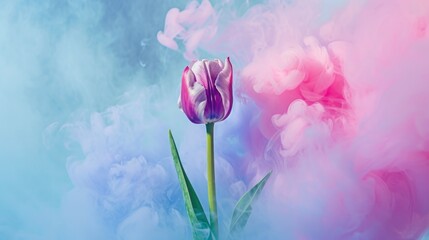  a pink and purple tulip in the middle of a blue and pink cloud of smoke on a blue and pink background.