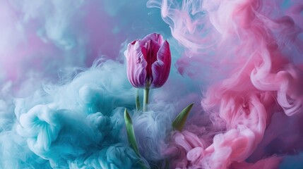  a pink tulip in the middle of a blue, pink and pink cloud of smoke on a blue and pink background.