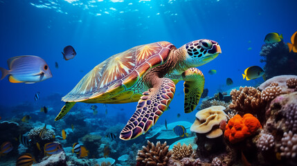 Naklejka premium turtle with group of colorful fish and sea animals with colorful coral underwater in ocean. generative ai