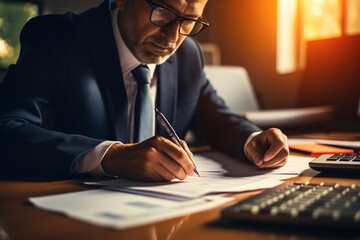Businessman in suit and glasses signing documents - obrazy, fototapety, plakaty