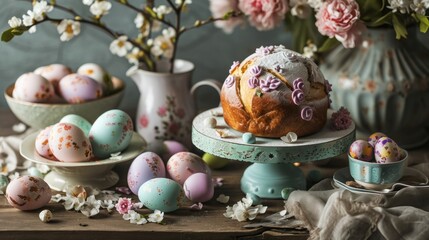  a table topped with a cake covered in frosting next to a bowl of eggs and a vase filled with flowers.