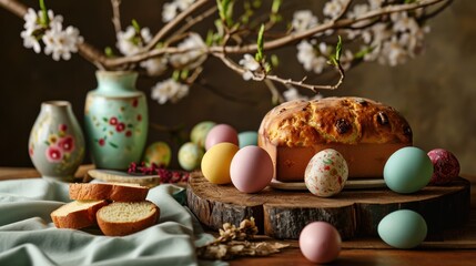 Obraz na płótnie Canvas a loaf of bread sitting on top of a wooden table next to eggs and a vase with flowers in it.