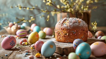 Obraz premium a loaf of bread sitting on top of a wooden table surrounded by colorful eggs and sprinkled with sprinkles.