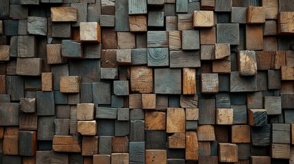 : An artful display of wooden blocks on a wall, each aged to perfection, creating a mosaic of natural textures and tones. 8k