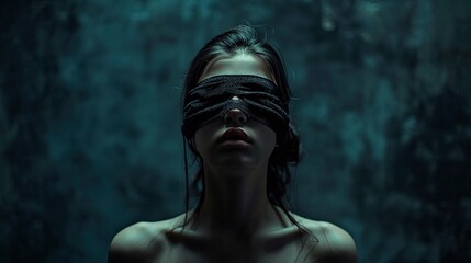 Fototapeta na wymiar A girl with a blindfold is groping in the dark. Abstract symbolism
