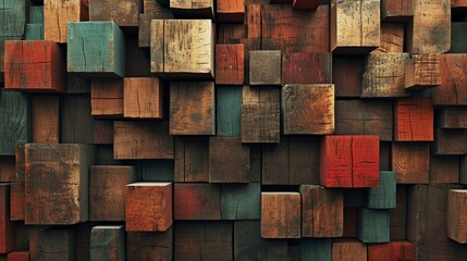 : An artistic installation of wooden blocks, varying in age and color, meticulously stacked to create an abstract architectural texture. 8k