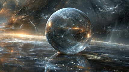  a glass ball floating on top of a body of water in front of a space filled with stars and dust.