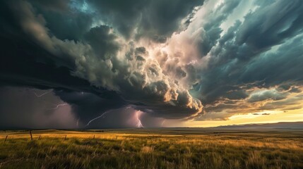  a field with grass and a fence in the foreground and a storm cloud in the distance with lightning in the sky.