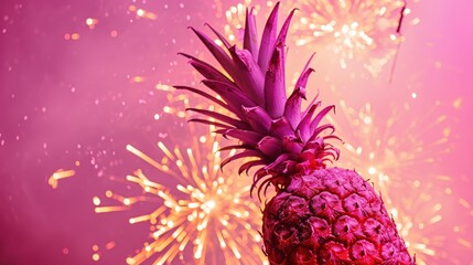  a close up of a pineapple on a pink background with a firework display in the sky in the background.