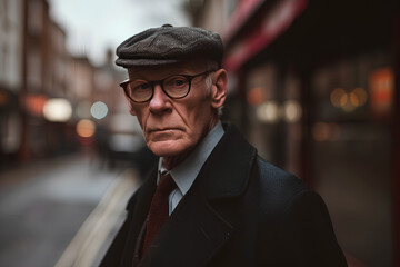 a very atmospheric portrait of a typical British older man in a classic suit and cap. London Bridge in cloudy weather.