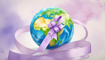  World Cancer Day. Lilac ribbon with a globe. Planet Earth. Watercolor hand drawn illustration world cancer day concept created with generative ai