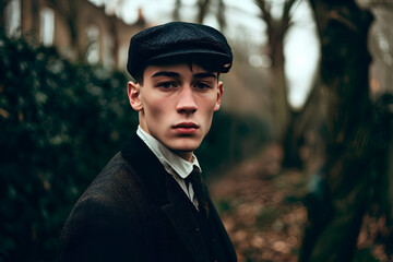 a very atmospheric portrait of a typical British young man in a classic suit and cap. London in cloudy weather.