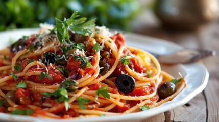  a plate of spaghetti with tomatoes, olives, parsley and parsley on top of a wooden table.