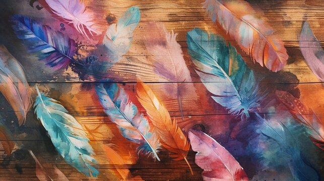 An ethereal array of translucent, colorful feathers floating above a brown wooden texture, creating a dreamy and whimsical effect, Artwork, watercolor effect on a wooden texture base,