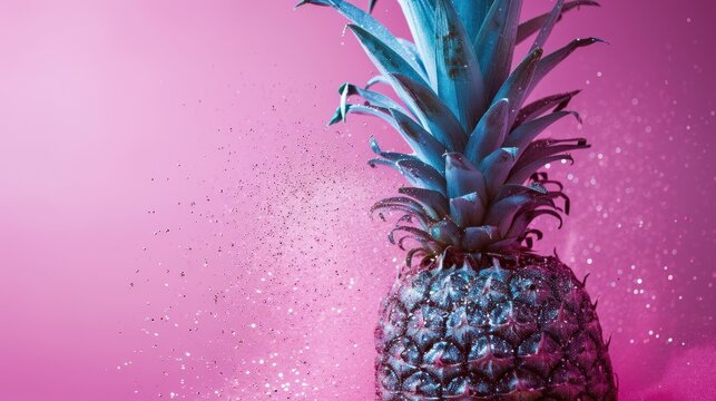  a close up of a pineapple on a pink background with a splash of water on the bottom of the pineapple.