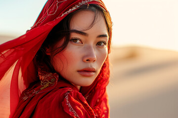 A tranquil image capturing a woman in red, set against the gentle hues of a desert landscape.