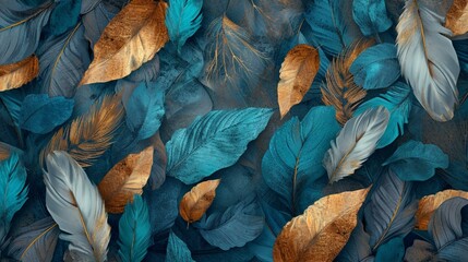 Artistic 3D wallpaper, blue and turquoise leaves, gray feathers, golden accents, and oak, nut wood wicker texture, Illustration, vivid color and texture, - obrazy, fototapety, plakaty