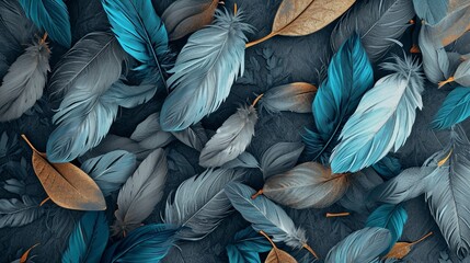 Artistic 3D wallpaper, blue and turquoise feathers, gray leaves, accented with golden elements and oak, nut wood wicker, Illustration, textured and colorful,