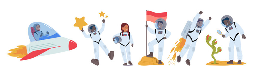 Astronaut Kids Characters In Spacesuits Explore Cosmos, Their Gleaming Helmets Reflecting The Wonders Of The Universe © Anna Syvak