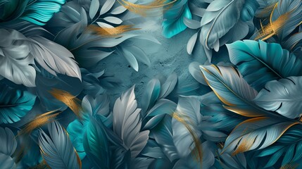 Artistic 3D wallpaper, blue, turquoise leaves, gray feathers, golden highlights, light drawing effect, Illustration, vibrant digital creation,