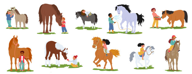 Children Tenderly Groom And Care For Their Beloved Horses. Little Boys And Girls Characters Forming Bonds Of Friendship