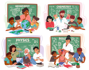 Engaged Teachers of Geography, Chemistry, Physics and Biology Impart Knowledge To Attentive Kids In A Classroom