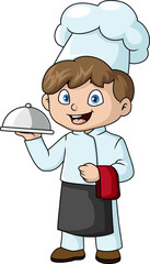 Cute chef boy cartoon holding a silver platter