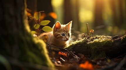 Curious and playful kitten immersing itself in the mesmerizing splendor of the natural world - obrazy, fototapety, plakaty