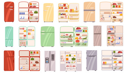 Refrigerators With Products, Vegetables, Meat, Fruits Dairy, And Refreshing Beverages. Appliances That Use A Cooling