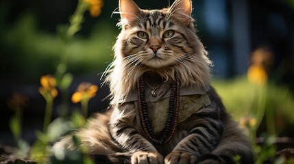 A cat wearing a necklace is sitting in a field of flowers - obrazy, fototapety, plakaty