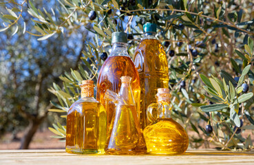 Glass bottles and carafes with fresh olive oil on wooden table on background with olive grove