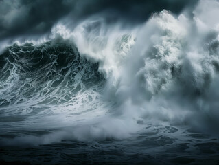 A large ocean wave breaks during a storm and bad weather