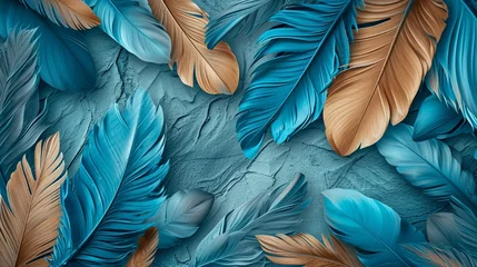Fotobehang Blue and turquoise feather and leaf design on a light 3D wallpaper, enhanced with the rich texture of oak and nut wood wickers, Illustration, realistic and artistic, © Muhammad