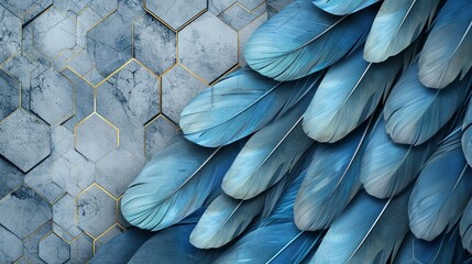Blue and turquoise feather design on light 3D wallpaper, grey marble, wood hexagon tiles, white golden accents, black seams, Illustration, realistic texture,