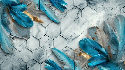 Blue and turquoise feather motif on 3D wallpaper, grey marble, wood hexagon tiles with white gold, black seams, Photography, textured surface,
