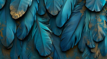 Blue and turquoise feathered 3D wallpaper, enriched with scratched gold highlights and oak, nut wood wicker textures, Photography, detailed surface,