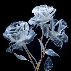 X-ray of rose flower on black background. Generative AI.