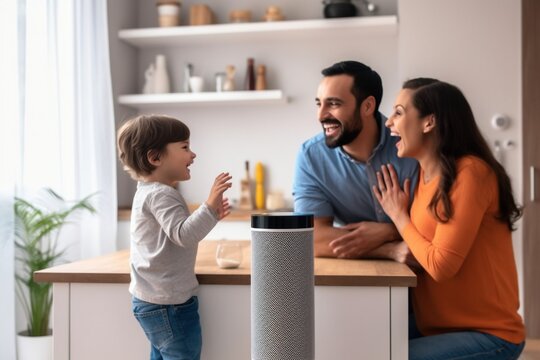 Family of three talking to a smart speaker in the kitchen