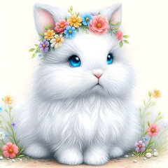 A fluffy white rabbit sitting in a field of flowers.
