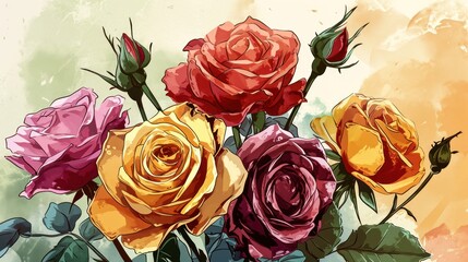  a close up of a bunch of flowers on a white and yellow background with a red and pink rose in the center.