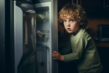 Fototapeta na wymiar photograph of a blond boy opening the fridge at home in the middle of the night to get some food with copy space. Image created with AI
