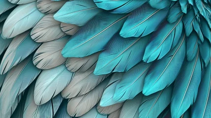 Fotobehang Blue, turquoise, and gray feather design on a light 3D wallpaper, enhanced with the texture of oak and nut wood wickers, Photography, high-resolution texture, © Muhammad