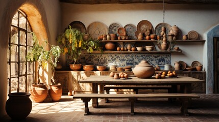 Rustic Italian Kitchen with Stone and Wood Elements - obrazy, fototapety, plakaty