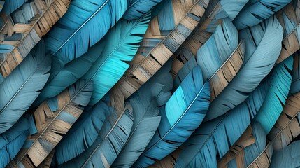 Blue, turquoise, and gray feather design on light drawing 3D wallpaper, accented with wood wicker panels in oak and nut, Illustration, realistic texture,