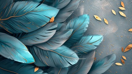 Blue, turquoise, and gray leaf and feather design, golden touches, on a 3D light drawing wallpaper, Photography, high-resolution,
